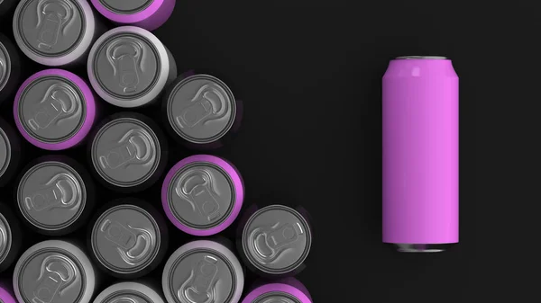 Большие Черные Белые Фиолетовые Банки Газировки Черном Фоне Макет Напитка — стоковое фото