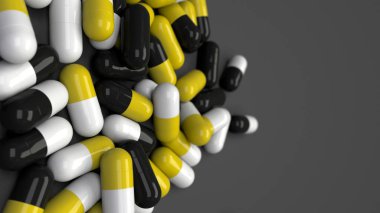 Siyah arka plan üzerine siyah, beyaz ve sarı ilaç kapsül yığını. Tıp, sağlık veya eczane konsepti. 3D render illüstrasyon