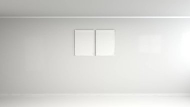 Duvardaki beyaz çerçeve içinde boş beyaz posteri. Resim ya da fotoğraf mockup. 3D render illüstrasyon