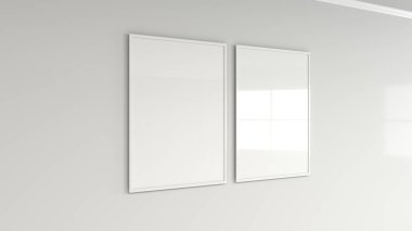 Duvardaki beyaz çerçeve içinde boş beyaz posteri. Resim ya da fotoğraf mockup. 3D render illüstrasyon