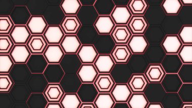 3d arka plan kırmızı parlak zemin üzerine siyah altıgenler yapılmış. Altıgen yanarak bahislerin doğru duvarına. Petek desen. 3D render illüstrasyon