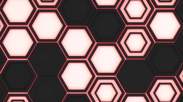 Abstract 3d background made of black hexagons on red glowing background. Wall of hexagons. Honeycomb pattern. 3D render illustration