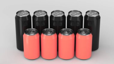 Büyük ve küçük siyah ve kırmızı soda ayakta beyaz arka plan üzerinde iki raws kutular. İçecek mockup. Bira veya içecek teneke paketi. 3D render illüstrasyon