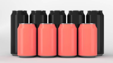 Büyük ve küçük siyah ve kırmızı soda ayakta beyaz arka plan üzerinde iki raws kutular. İçecek mockup. Bira veya içecek teneke paketi. 3D render illüstrasyon