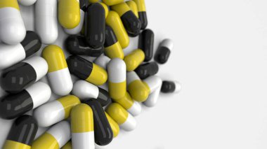 Beyaz arka planda siyah, beyaz ve sarı ilaç kapsül yığını. Tıp, sağlık veya eczane konsepti. 3D render illüstrasyon