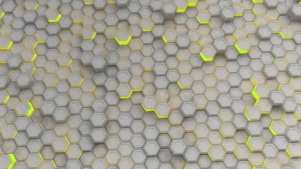 Абстрактний Технологічний Фон Білих Гексагонів Жовтим Світінням Стіна Шестикутників Ілюстрація — стокове відео