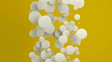 Beyaz yuvarlak yüzey-in sarı arka plan üzerinde rasgele boyutu. Arka plan daire ile. Bulut çevrelerin duvar önünde. 3D render illüstrasyon