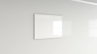 Duvardaki beyaz çerçeve içinde boş beyaz posteri. Resim ya da fotoğraf mockup. 3D render illüstrasyon