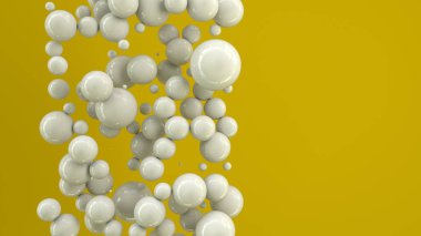 Rastgele büyüklükteki sarı zemin üzerine beyaz küreler. Arka plan daire ile. Bulut çevrelerin duvar önünde. 3D render illüstrasyon