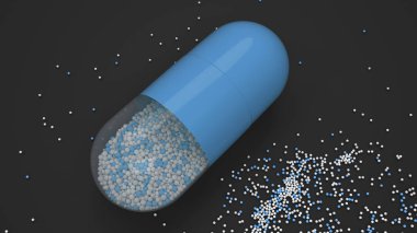 Siyah arka plan üzerinde renkli ilaç kapsül. Tıbbi ya da eczane konsepti. 3D render illüstrasyon