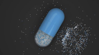 Siyah arka plan üzerinde renkli ilaç kapsül. Tıbbi ya da eczane konsepti. 3D render illüstrasyon