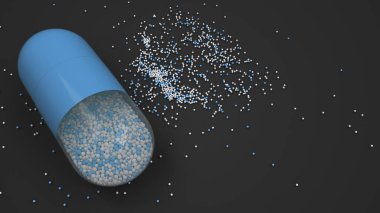 Siyah arka plan üzerinde renkli ilaç kapsül. Tıbbi ya da eczane konsepti. 3D render illüstrasyon