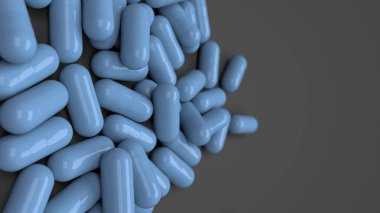 Siyah zemin üzerine mavi tıp kapsül yığını. Tıp, sağlık veya eczane konsepti. 3D render illüstrasyon