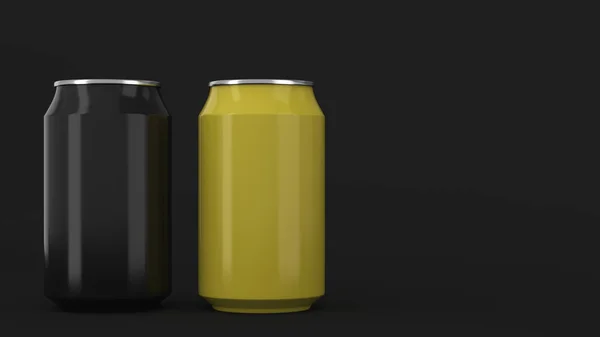 Twee Kleine Zwarte Gele Aluminium Soda Blikjes Mockup Zwarte Achtergrond — Stockfoto