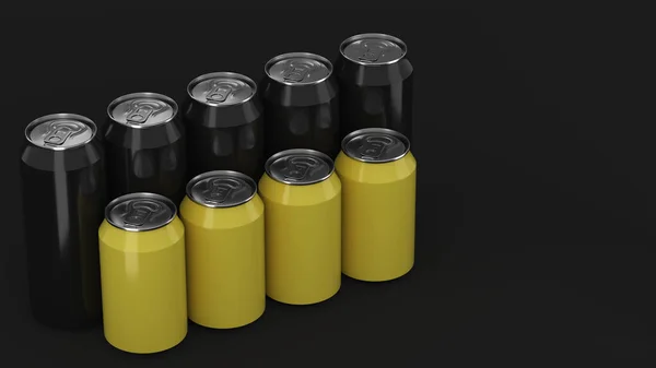 Big Small Black Yellow Soda Cans Standing Two Raws Black — Stock Photo, Image