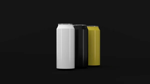 Raw Van Zwarte Witte Gele Soda Blikjes Zwarte Achtergrond Drank — Stockfoto