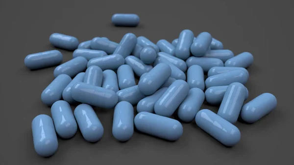 一堆蓝色药物胶囊在黑色背景 医疗或药学的概念 渲染插图 — 图库照片