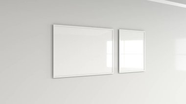 Duvardaki beyaz çerçeve içinde boş beyaz posteri. Resim ya da fotoğraf mockup. 3D render illüstrasyon