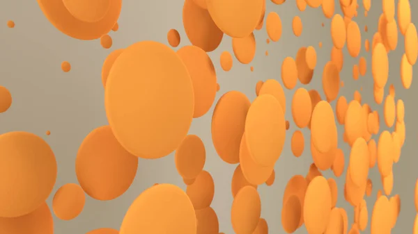 白い背景のランダムなサイズのオレンジ色のディスク 抽象的な背景の円 壁の前にサークルの雲 レンダリング図 — ストック写真