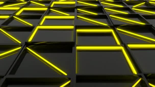 Стена Чёрной Прямоугольной Плитки Жёлтыми Светящимися Элементами Сетка Квадратной Плитки — стоковое видео
