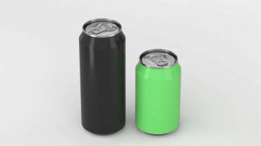 Büyük siyah ve küçük yeşil alüminyum tozu mockup beyaz arka plan üzerinde kutular. Bira veya içecek teneke paketi. 3D render illüstrasyon