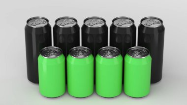 Büyük ve küçük siyah ve yeşil soda ayakta beyaz arka plan üzerinde iki raws kutular. İçecek mockup. Bira veya içecek teneke paketi. 3D render illüstrasyon