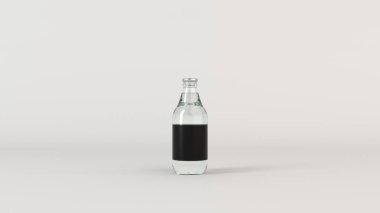 Kadar şeffaf su şişe 0,33 l beyaz zemin üzerine boş siyah etiket ile ilgili alay et. Tasarım veya marka şablonu. 3D render illüstrasyon