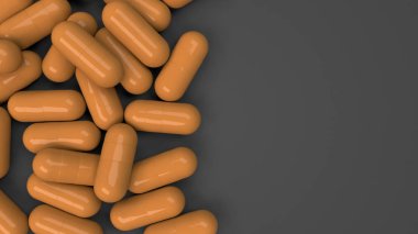 Turuncu ilaç kapsül siyah arka plan üzerine yığını. Tıp, sağlık veya eczane konsepti. 3D render illüstrasyon