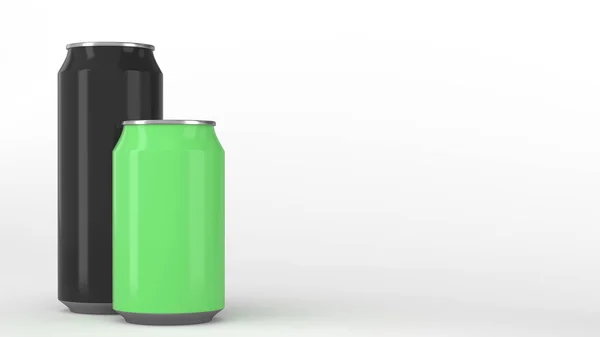 Grote Zwarte Kleine Groene Aluminium Soda Blikjes Mockup Witte Achtergrond — Stockfoto