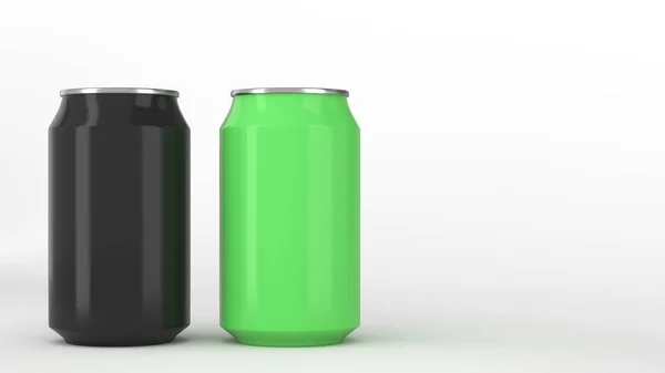 Twee Kleine Zwarte Groene Aluminium Soda Blikjes Mockup Witte Achtergrond — Stockfoto