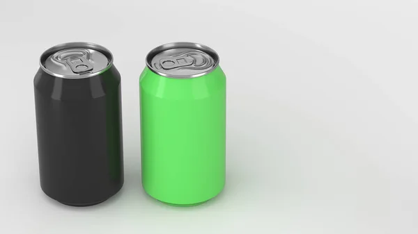 Két Kis Fekete Zöld Alumínium Soda Kannák Fehér Háttér Makett — Stock Fotó