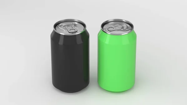 Dwa Małe Zielone Czarne Aluminium Soda Puszek Makieta Białym Tle — Zdjęcie stockowe