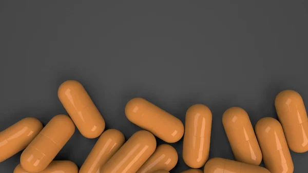 一堆橙色药物胶囊在黑色背景 医疗或药学的概念 渲染插图 — 图库照片