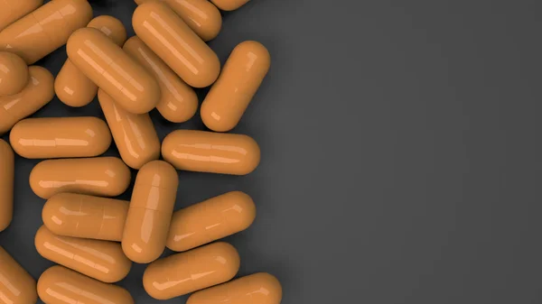 Pile of orange medicine capsules on black background. Medical, healthcare or pharmacy concept. 3D rendering illustration