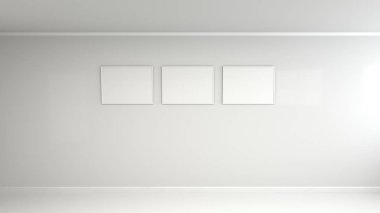 Duvardaki beyaz çerçeve içinde boş beyaz posteri. Resim ya da fotoğraf mockup. 3D render illüstrasyon