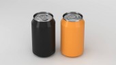 Dvě malé černé a oranžové hliníkové soda plechovky maketa na bílém pozadí. Cín balení piva nebo jiného nápoje. 3D vykreslování obrázku