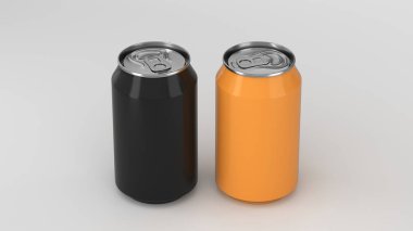İki küçük alüminyum siyah ve portakal soda mockup beyaz arka plan üzerinde kutular. Bira veya içecek teneke paketi. 3D render illüstrasyon