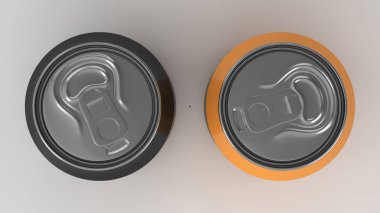 İki küçük alüminyum siyah ve portakal soda mockup beyaz arka plan üzerinde kutular. Bira veya içecek teneke paketi. 3D render illüstrasyon