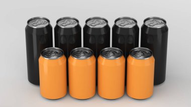 Büyük ve küçük siyah ve portakal soda ayakta beyaz arka plan üzerinde iki raws kutular. İçecek mockup. Bira veya içecek teneke paketi. 3D render illüstrasyon