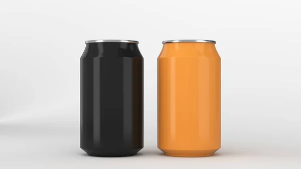 Twee Kleine Zwart Oranje Aluminium Soda Blikjes Mockup Witte Achtergrond — Stockfoto