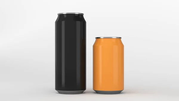 白色背景大的黑色和小橙铝汽水罐样机 锡包啤酒或饮料 渲染插图 — 图库照片