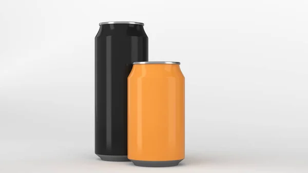 Nagy Fekete Kis Narancssárga Alumínium Soda Kannák Fehér Háttér Makett — Stock Fotó