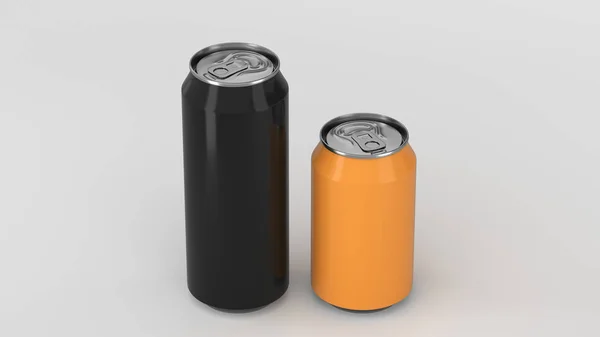 Nagy Fekete Kis Narancssárga Alumínium Soda Kannák Fehér Háttér Makett — Stock Fotó