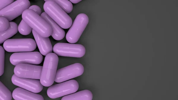Montón Cápsulas Medicina Púrpura Sobre Fondo Negro Concepto Médico Sanitario — Foto de Stock