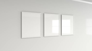 Duvardaki beyaz çerçeve içinde boş beyaz posteri. Resim ya da fotoğraf mockup. 3D render illüstrasyon
