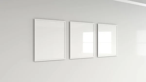 Blank white poster in white frame on the wall. Picture or photo mockup. 3D render illustration