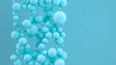 Mavi küre mavi zemin üzerine rastgele büyüklükte. Arka plan daire ile. Bulut çevrelerin duvar önünde. 3D render illüstrasyon