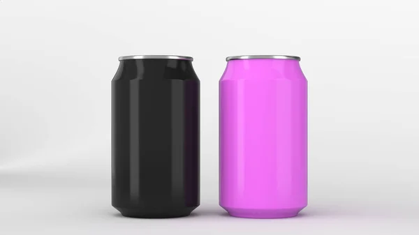 Twee Kleine Zwarte Paarse Aluminium Soda Blikjes Mockup Witte Achtergrond — Stockfoto