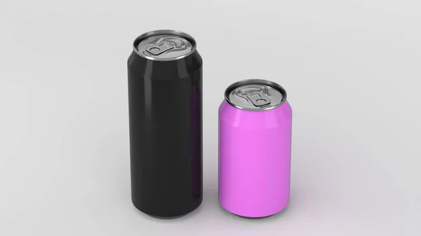 Большой Черный Маленький Фиолетовый Алюминиевые Банки Соды Макет Белом Фоне — стоковое фото