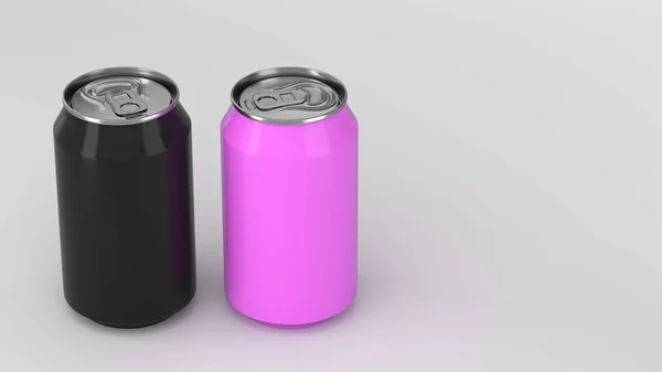 Dos Pequeñas Latas Soda Aluminio Negro Púrpura Maqueta Sobre Fondo —  Fotos de Stock